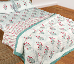 Balsam flowers with Jaal| Quilt | Razai | Rajai |Jaipuri hand block printed |Size Double| Premium Mulmul Cotton| Organic Cotton Filling | hand quilted | Reversible
