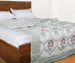 Palm trees, wine flowers with Jaal | Quilt | Razai | Rajai |Jaipuri hand block printed |Size Single| Premium Mulmul Cotton| Organic Cotton Filling | hand quilted | Reversible