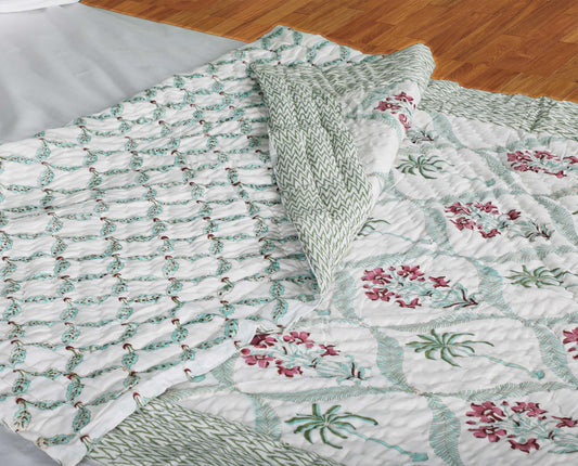 Palm trees, wine flowers with Jaal | Quilt | Razai | Rajai |Jaipuri hand block printed |Size Single| Premium Mulmul Cotton| Organic Cotton Filling | hand quilted | Reversible