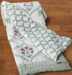 Palm trees, wine flowers with Jaal | Quilt | Razai | Rajai |Jaipuri hand block printed |Size Single| Premium Mulmul Cotton| Organic Cotton Filling | hand quilted | Reversible