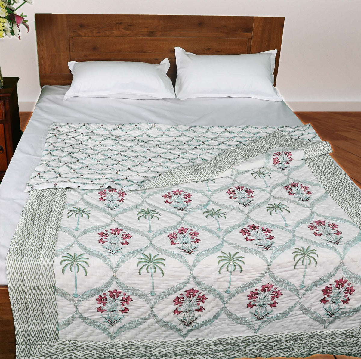 Palm trees, wine flowers with Jaal | Quilt | Razai | Rajai |Jaipuri hand block printed |Size Single| Premium Mulmul Cotton| Organic Cotton Filling | hand quilted | Reversible