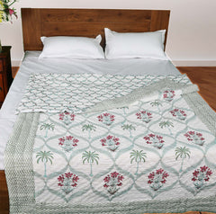 Palm trees, wine flowers with Jaal | Quilt | Razai | Rajai |Jaipuri hand block printed |Size Single| Premium Mulmul Cotton| Organic Cotton Filling | hand quilted | Reversible