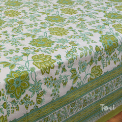 Green Garden On White  |hand screen printed bedsheet| Double bed ,Queen size | 250 TC Pure Cotton| Complementing pillow covers