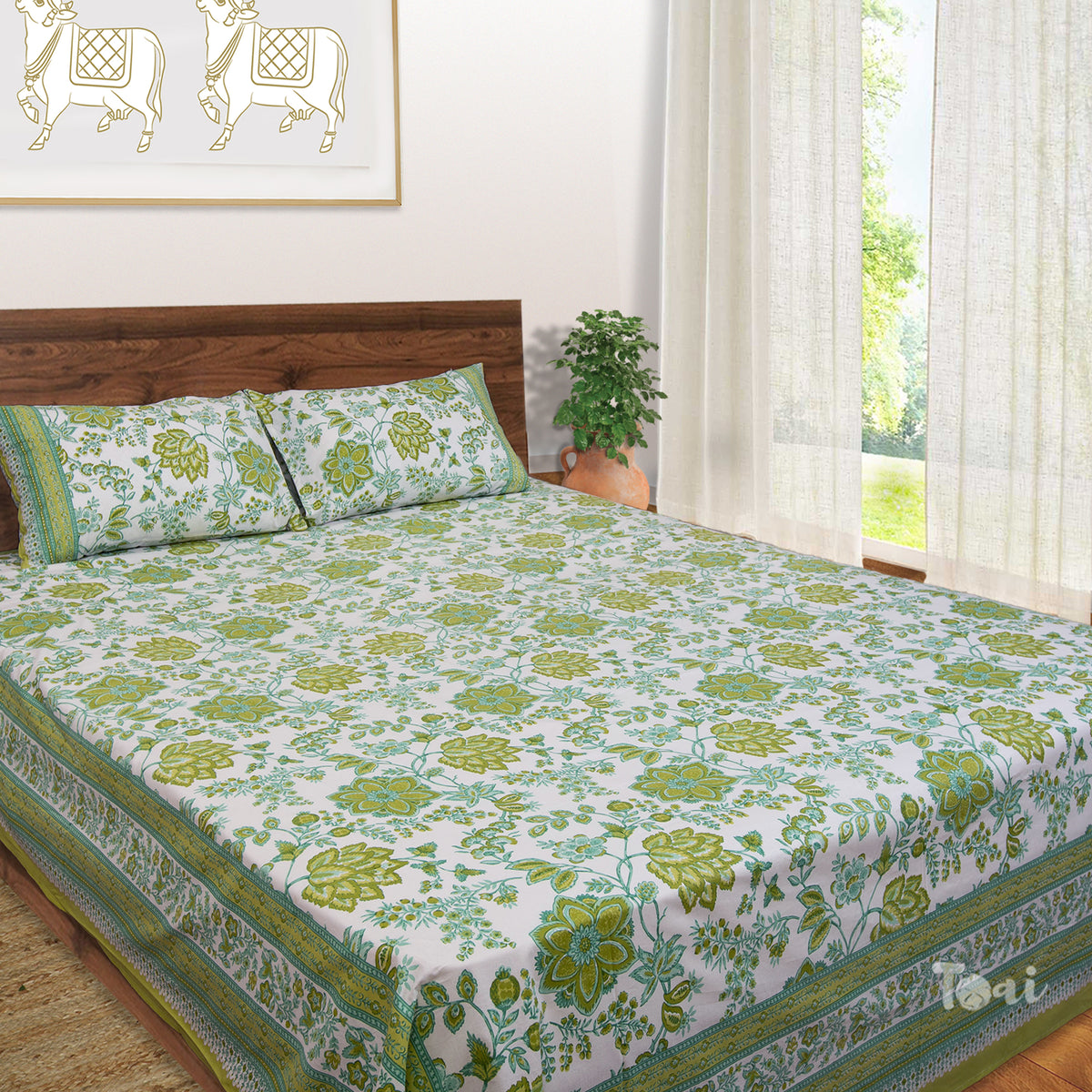 Green Garden On White  |hand screen printed bedsheet| Double bed ,Queen size | 250 TC Pure Cotton| Complementing pillow covers