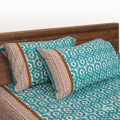 Green Ikat |hand screen printed bedsheet| Double bed ,Queen size | 250 TC Pure Cotton| Complementing pillow covers