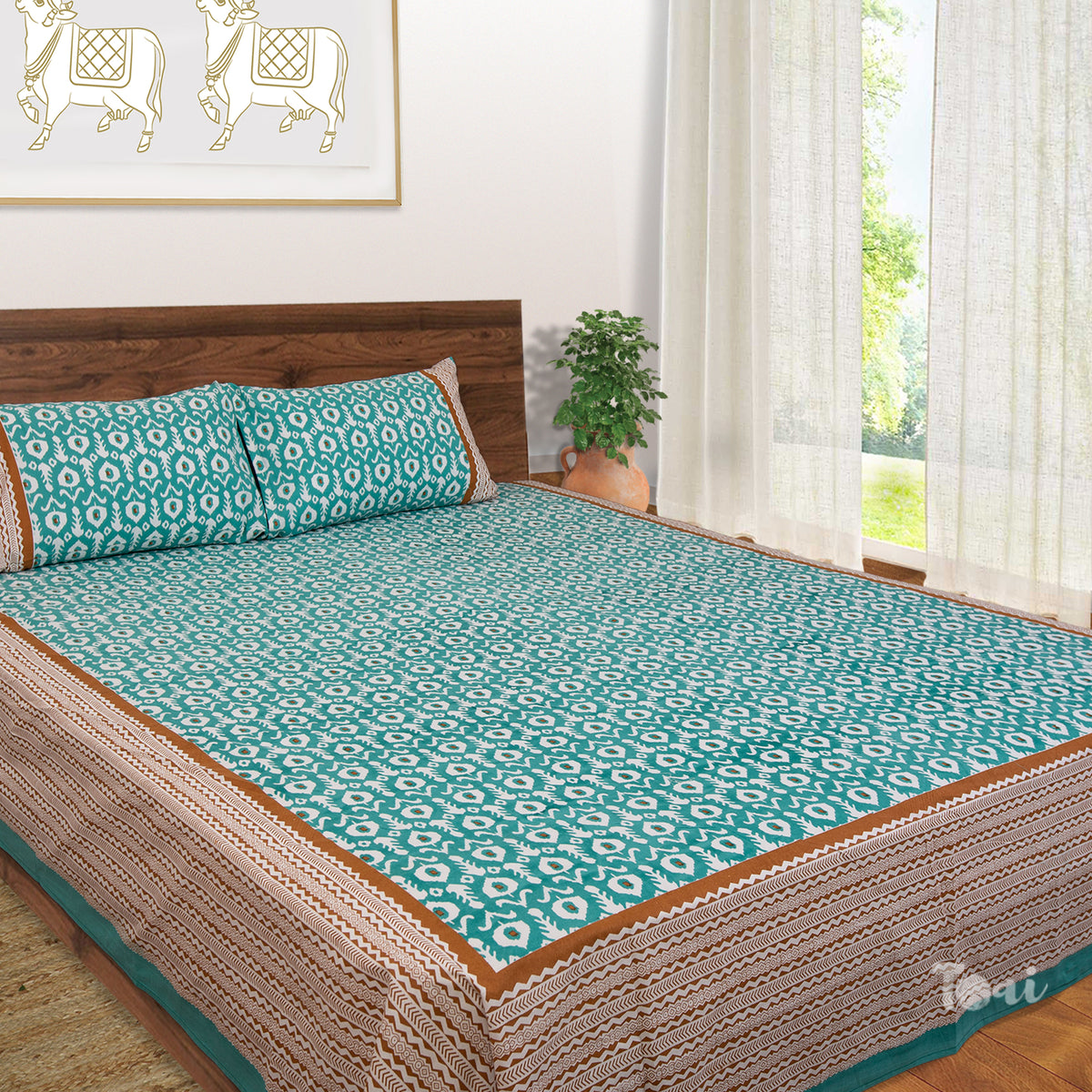 Green Ikat |hand screen printed bedsheet| Double bed ,Queen size | 250 TC Pure Cotton| Complementing pillow covers