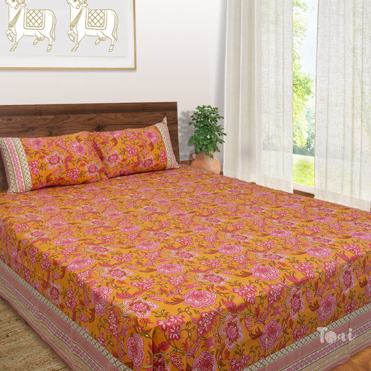 Pink Garden Flowers On Afternoon |hand screen printed bedsheet| Double bed ,King size | 250 TC Pure Cotton| Complementing pillow covers
