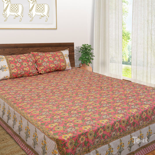 Yellow Flowers On Deep Pink  |hand screen printed bedsheet| Double bed ,Queen size | 250 TC Pure Cotton| Complementing pillow covers