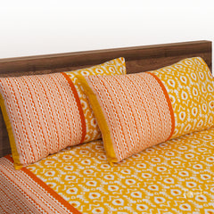 Yellow Iket |hand screen printed bedsheet| Double bed ,Queen size | 250 TC Pure Cotton| Complementing pillow covers