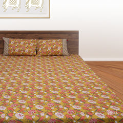 Lotus on Pond |hand screen printed bedsheet| Double bed ,King size | 250 TC Pure Cotton| Complementing pillow covers