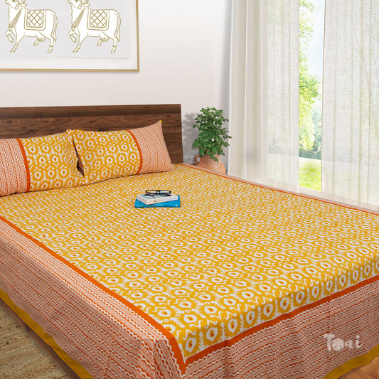 Yellow Iket |hand screen printed bedsheet| Double bed ,Queen size | 250 TC Pure Cotton| Complementing pillow covers